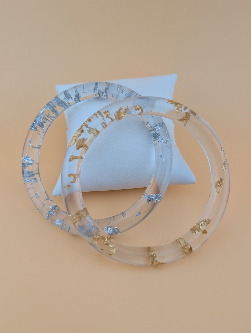 Gold Silver Foil Flake Clear Resin Bangle Bracelet Set • Handmade